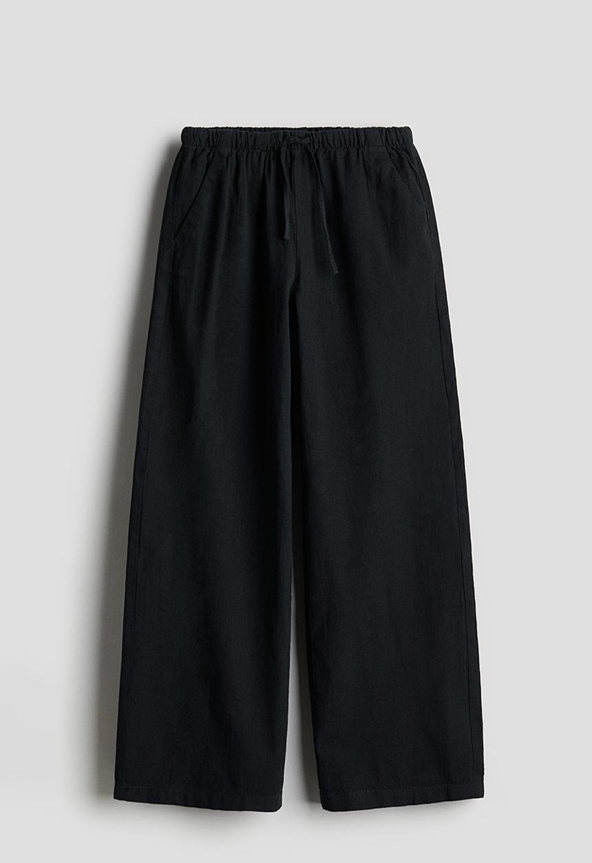 H&M - Wide linen-blend pull-on trousers - black