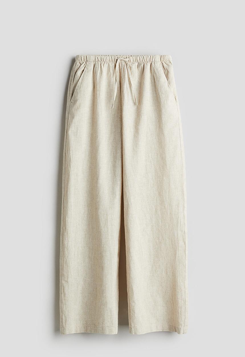 H&M - Wide linen-blend pull-on trousers - ecru 