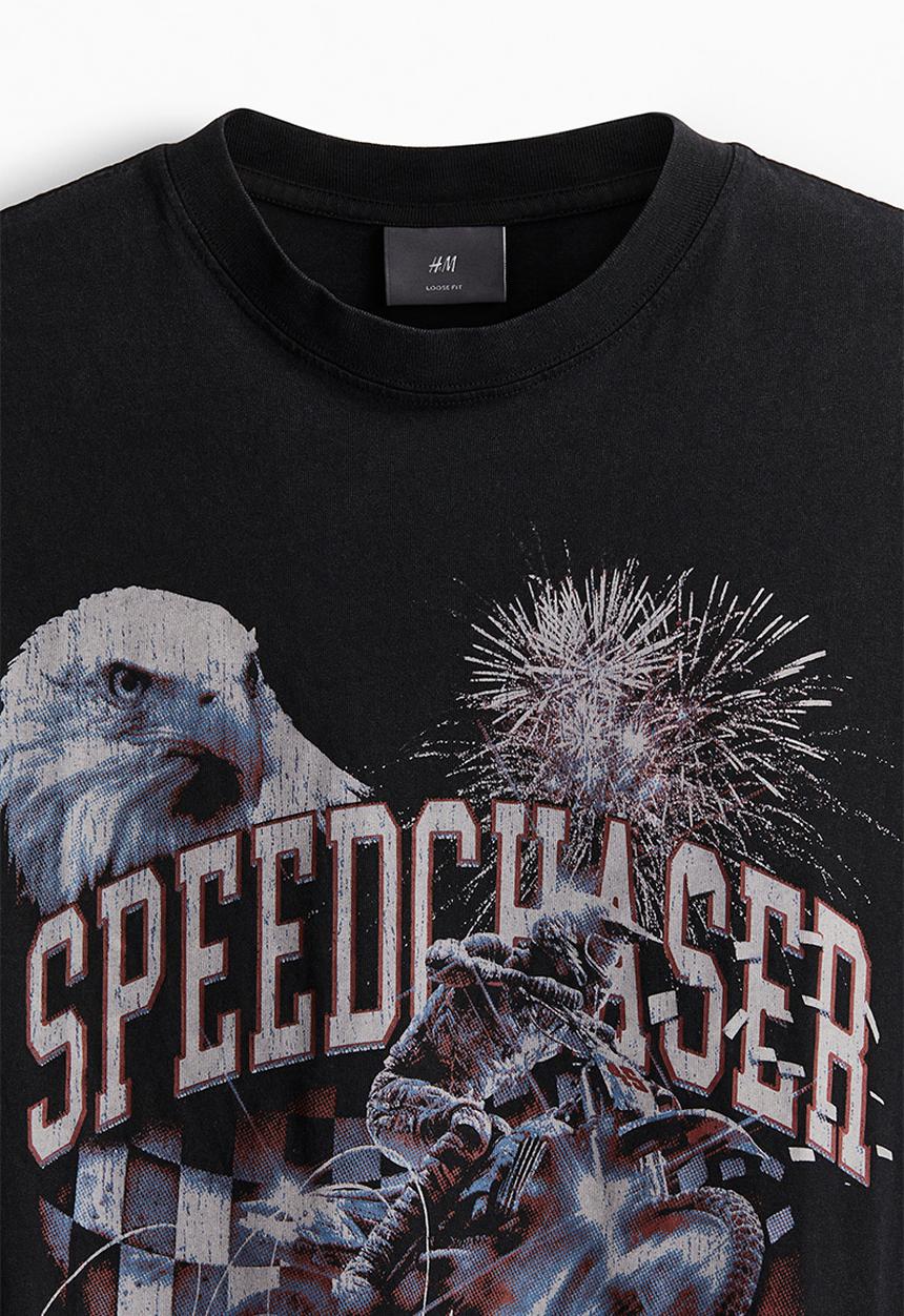 H&M - Loose fit printed T-shirt - black speedchaser