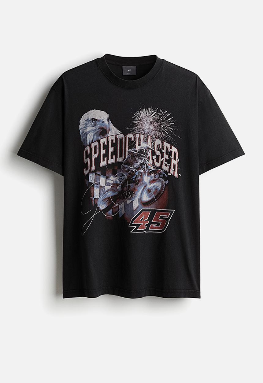 H&M - Loose fit printed T-shirt - black speedchaser