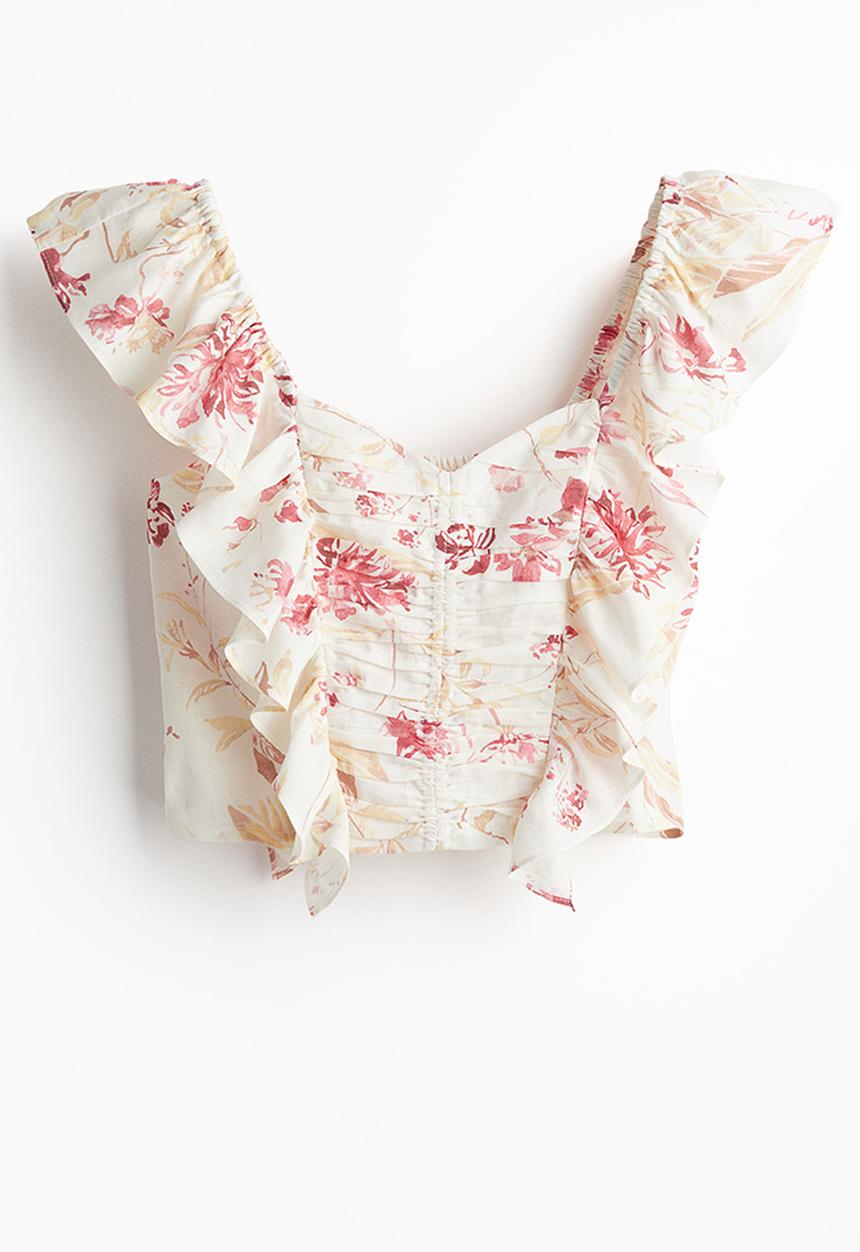 H&M - Linen-blend cropped blouse - white floral