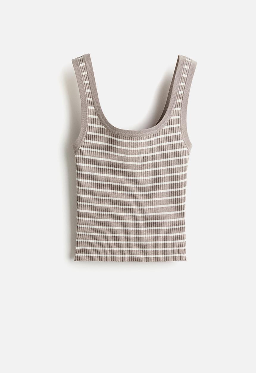 H&M - Rib-knit vest top - light greige striped