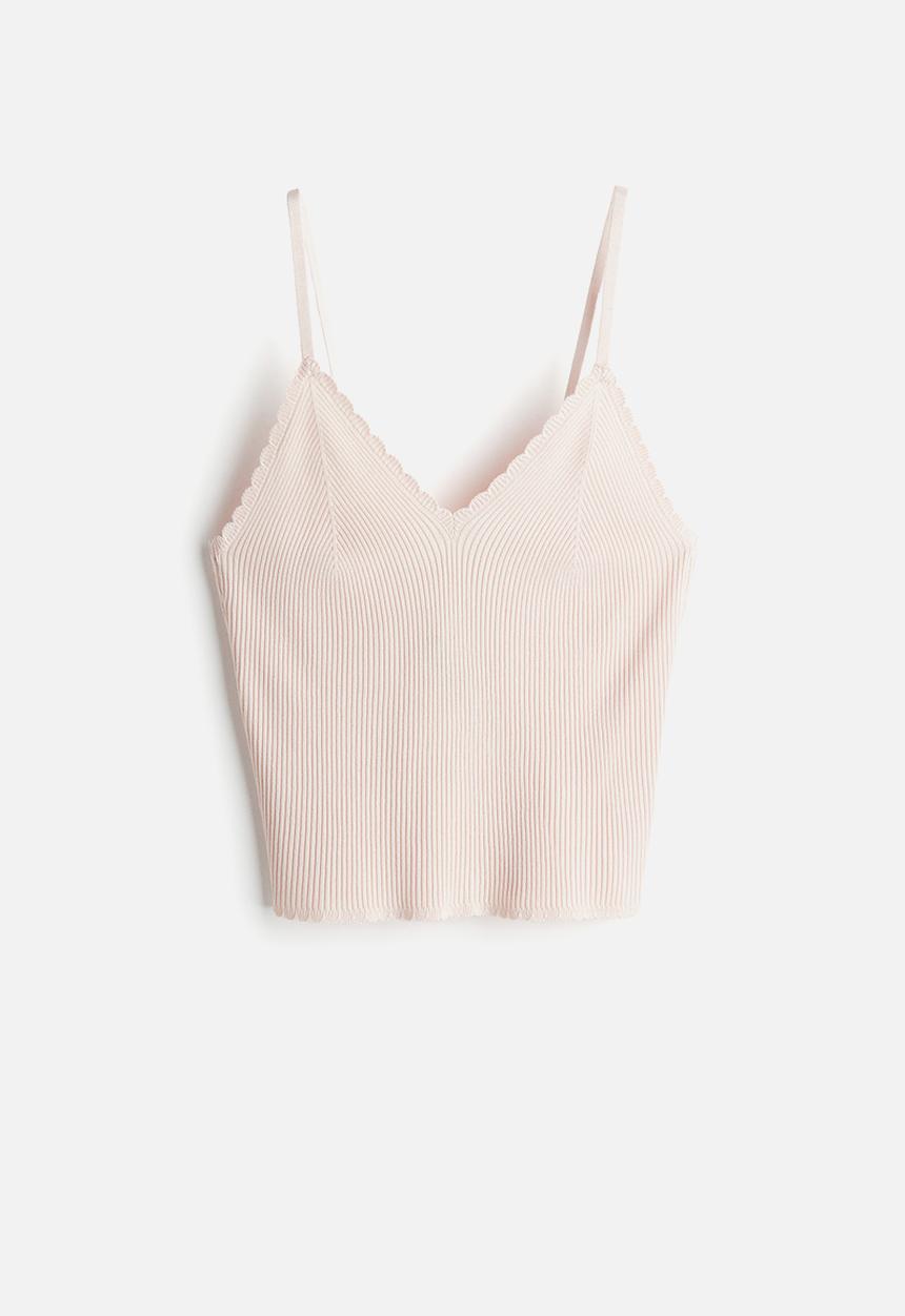 H&M - Scallop-edged rib-knit vest top - pink