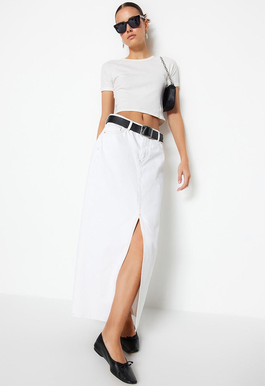 Trendyol - Slit Maxi Denim Skirt - White