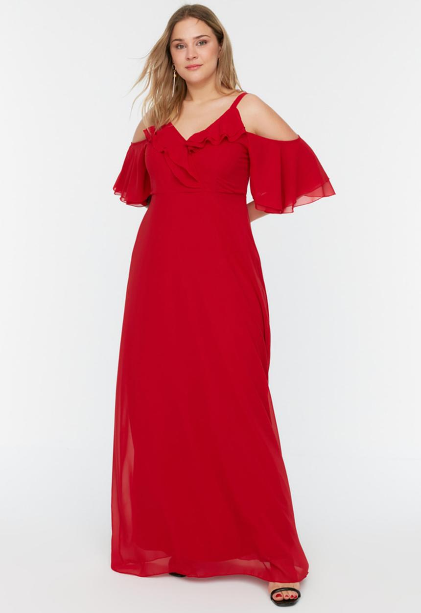 Trendyol - Sleeves Ruffled Double Breasted Chiffon Evening Dresss - Red