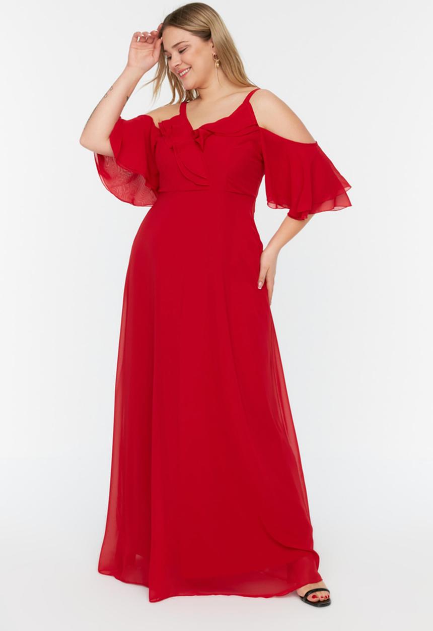 Trendyol - Sleeves Ruffled Double Breasted Chiffon Evening Dresss - Red