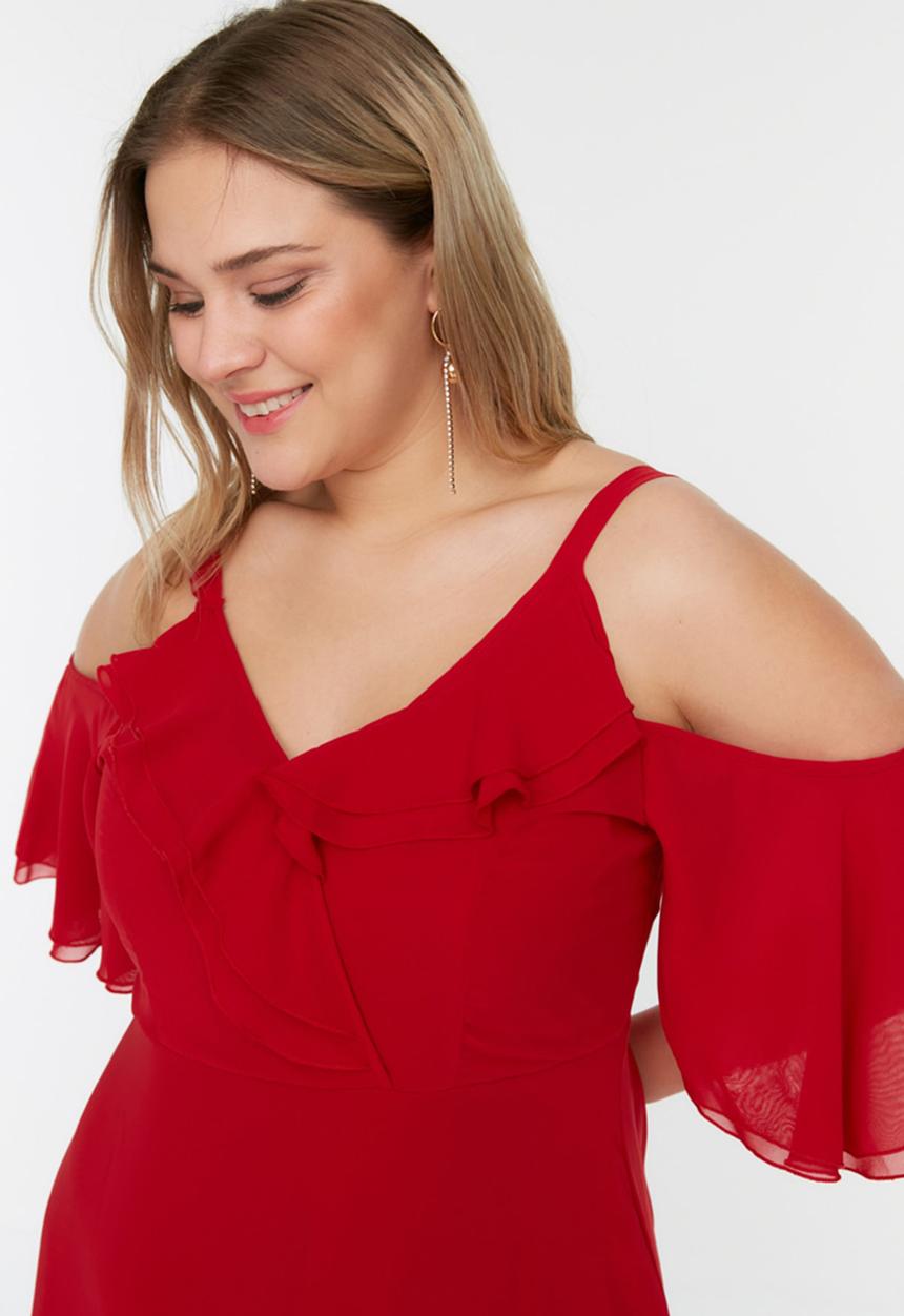Trendyol - Sleeves Ruffled Double Breasted Chiffon Evening Dresss - Red
