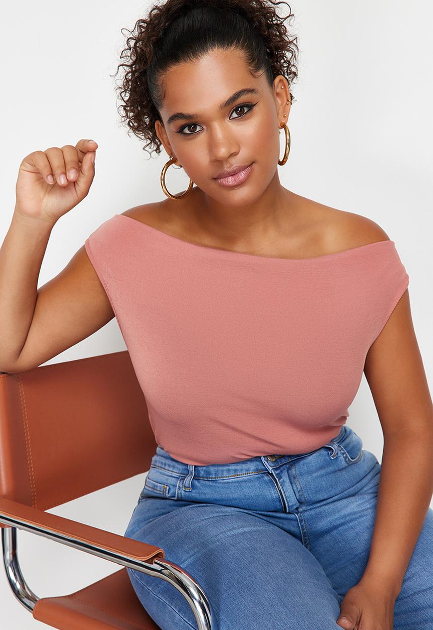 Trendyol - Boat Collar Knitted Blouse - Dusty Rose