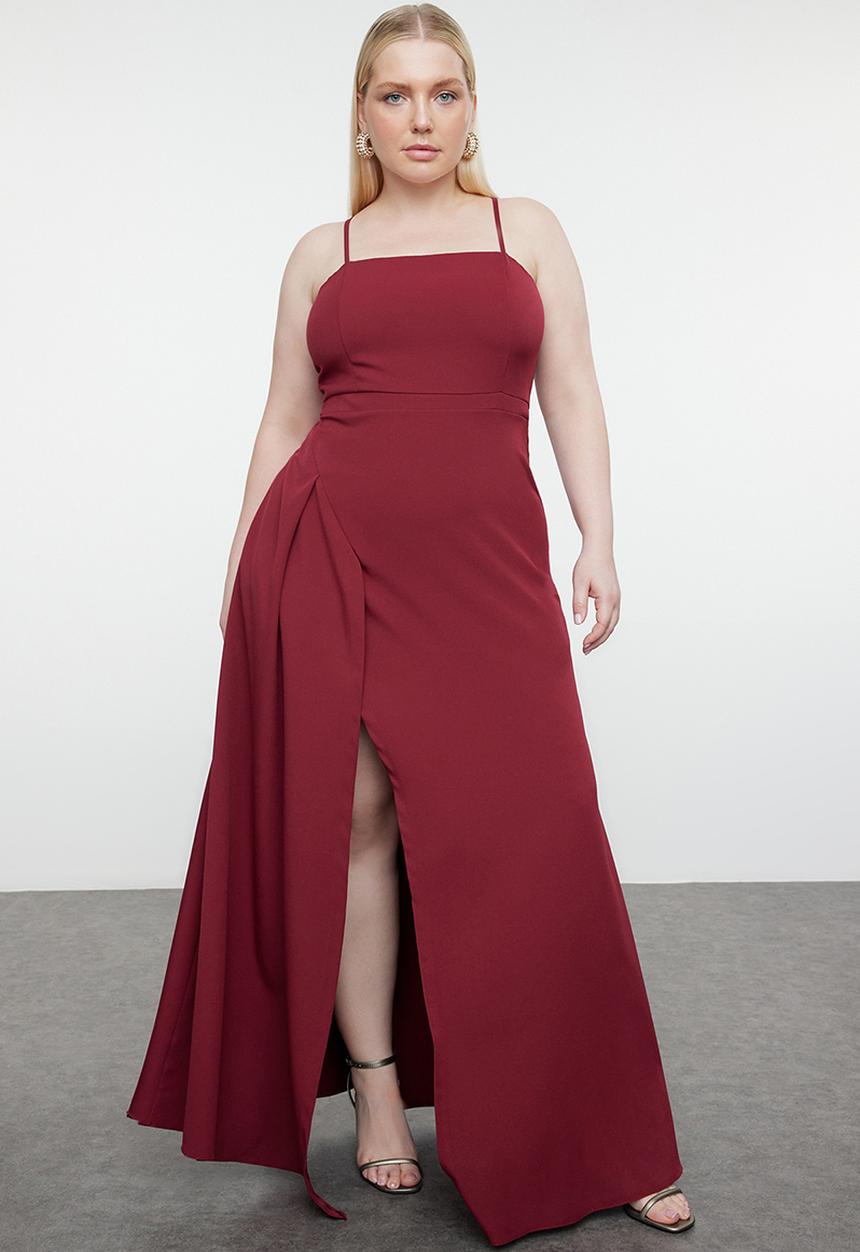 Strap Slit Long Woven Plus Size Evening Dress - Plum