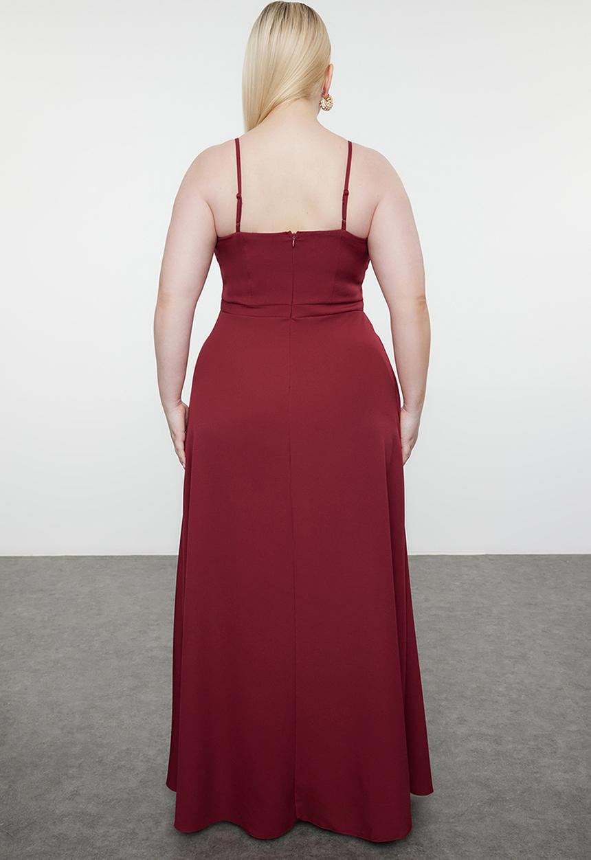 Trendyol - Strap Slit Long Woven Plus Size Evening Dress - Plum