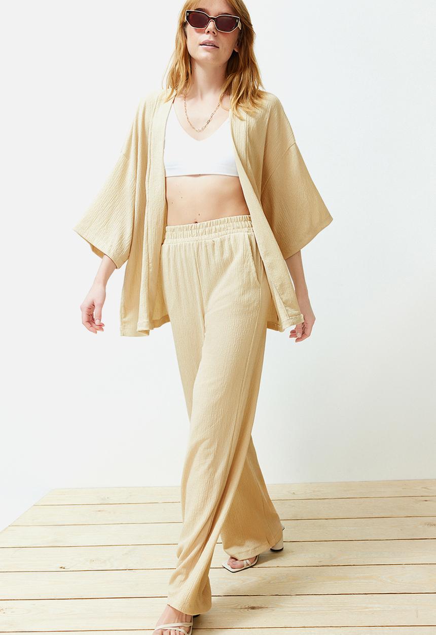 Trendyol - Relaxed Fit Cut Knitted Kimona Trousers & Top Set - Stone