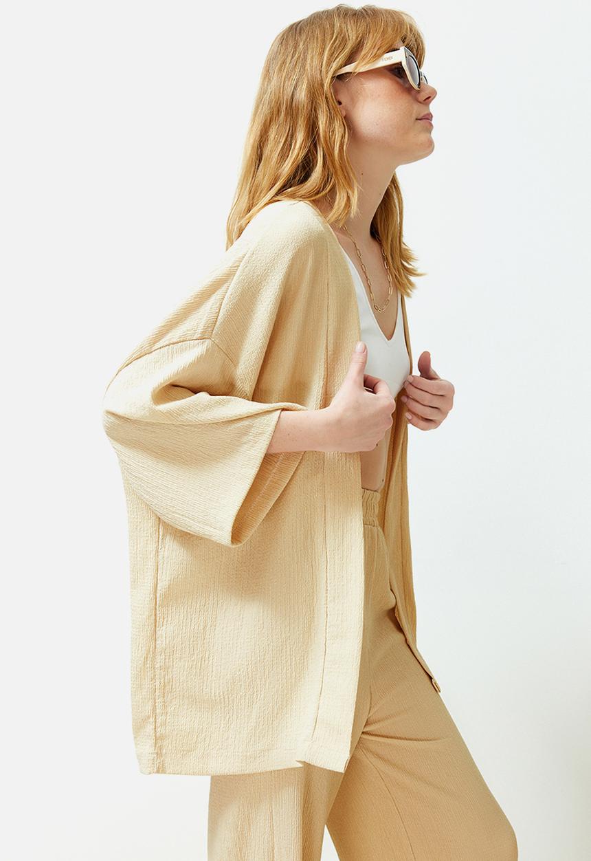 Trendyol - Relaxed Fit Cut Knitted Kimona Trousers & Top Set - Stone