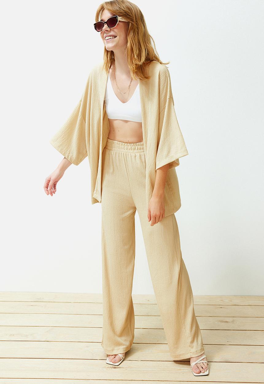 Trendyol - Relaxed Fit Cut Knitted Kimona Trousers & Top Set - Stone