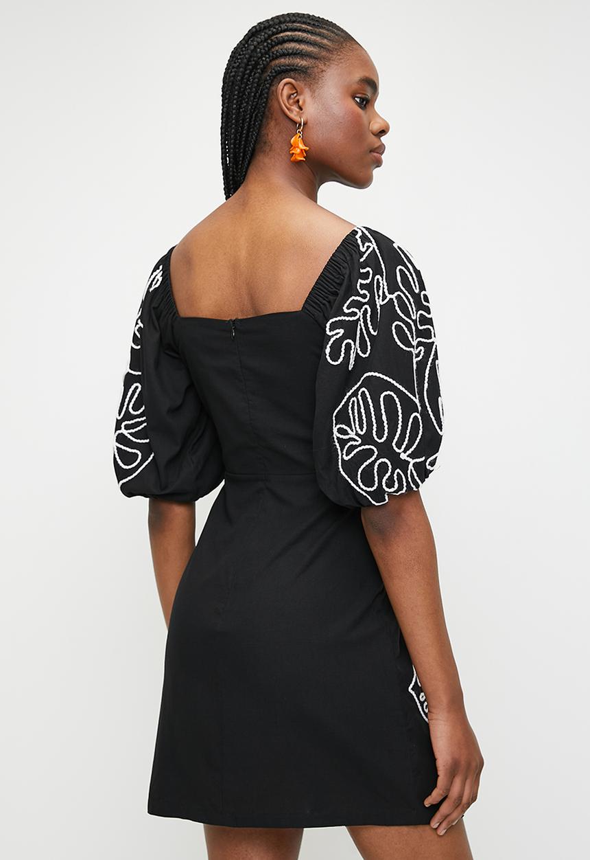 Superbalist - Embroidery puff sleeve wrap mini dress - Black