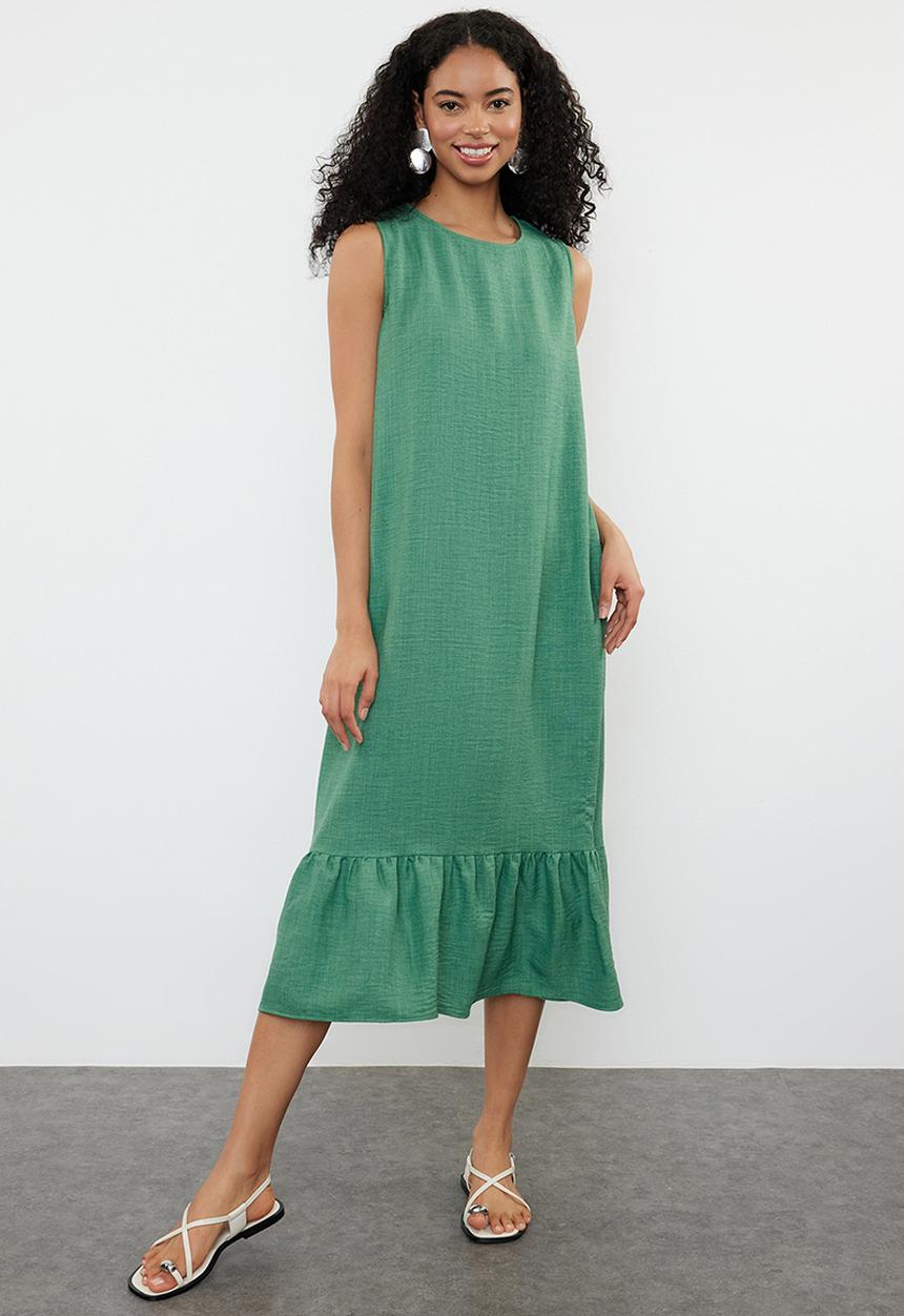 Trendyol - Straight Cut Skirt Flounce Woven Dress - Green