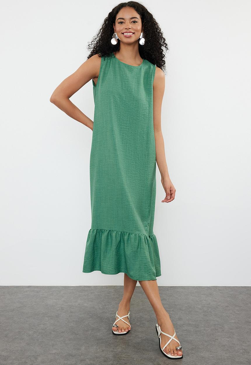 Trendyol - Straight Cut Skirt Flounce Woven Dress - Green