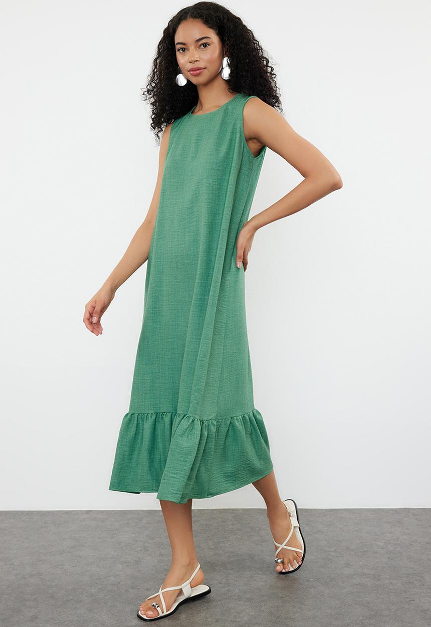 Trendyol - Straight Cut Skirt Flounce Woven Dress - Green