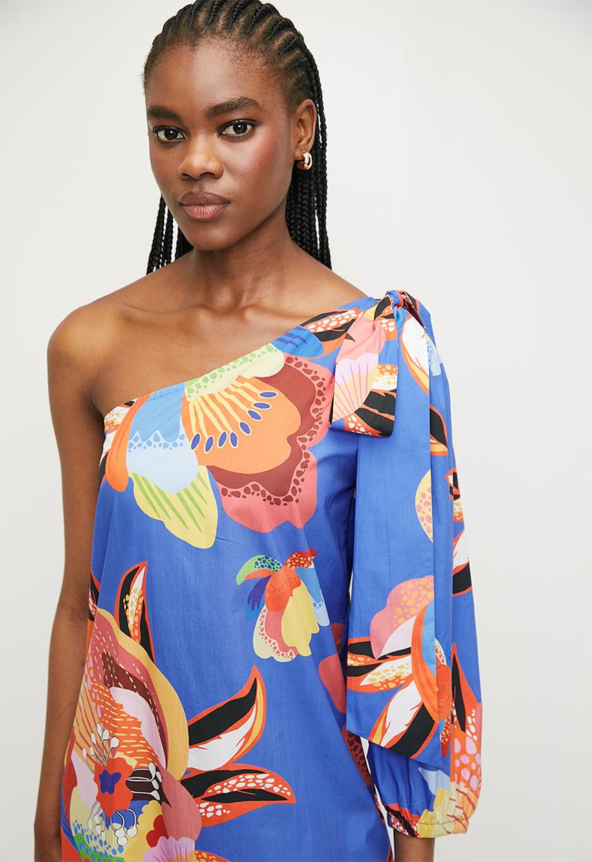 Asym balloon sleeve column dress - dark macro tropics floral