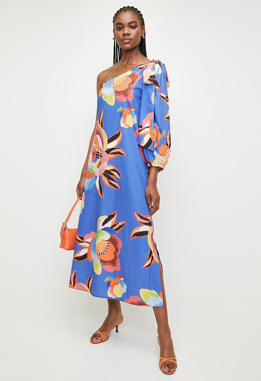 Superbalist - Asym balloon sleeve column dress - dark macro tropics floral