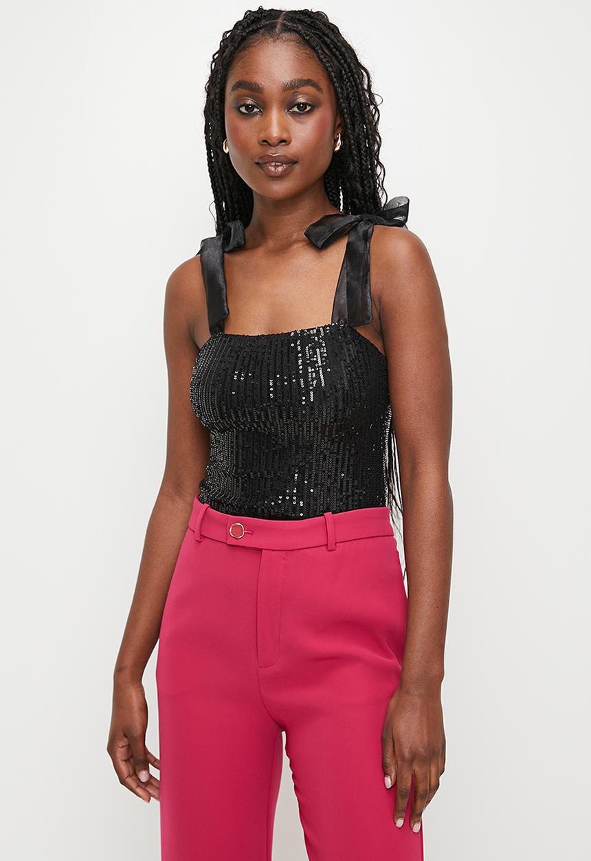 MILLA - Shoulder tie sequins combo bodysuit - black