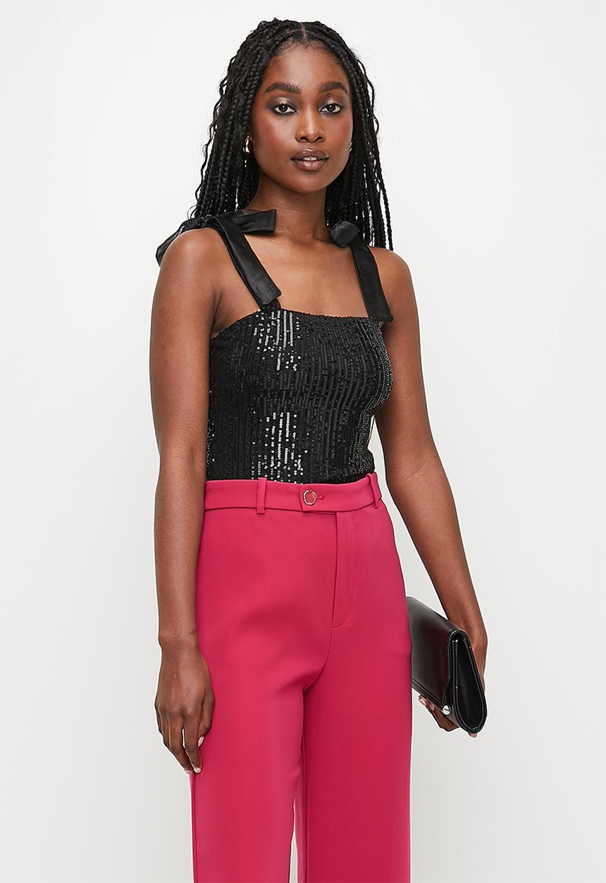 MILLA - Shoulder tie sequins combo bodysuit - black