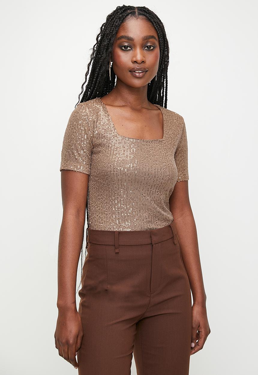 MILLA - Sequins square neck top - taupe