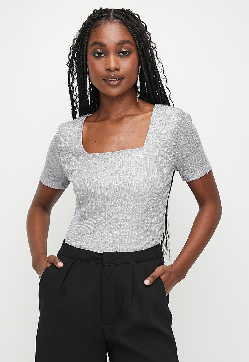 MILLA - Sequins square neck top - grey