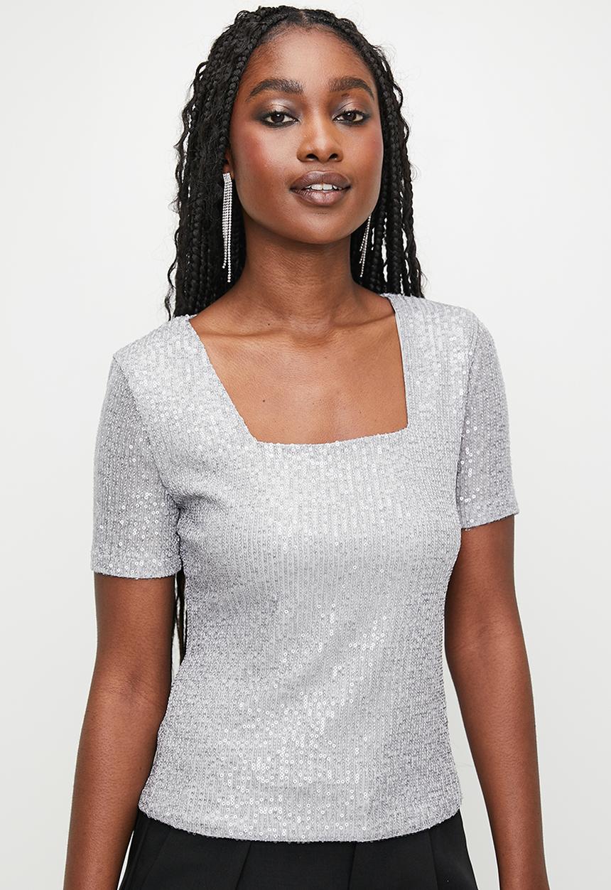 MILLA - Sequins square neck top - grey