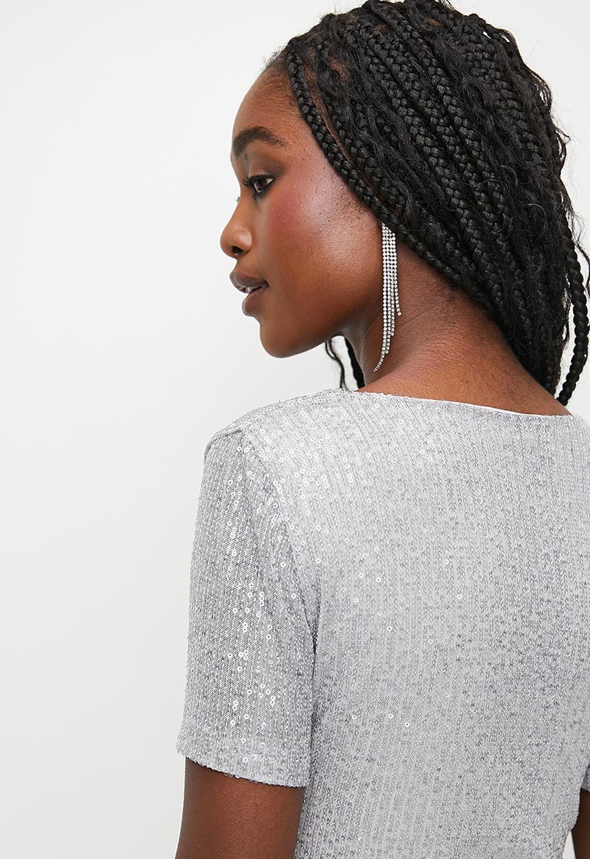 MILLA - Sequins square neck top - grey