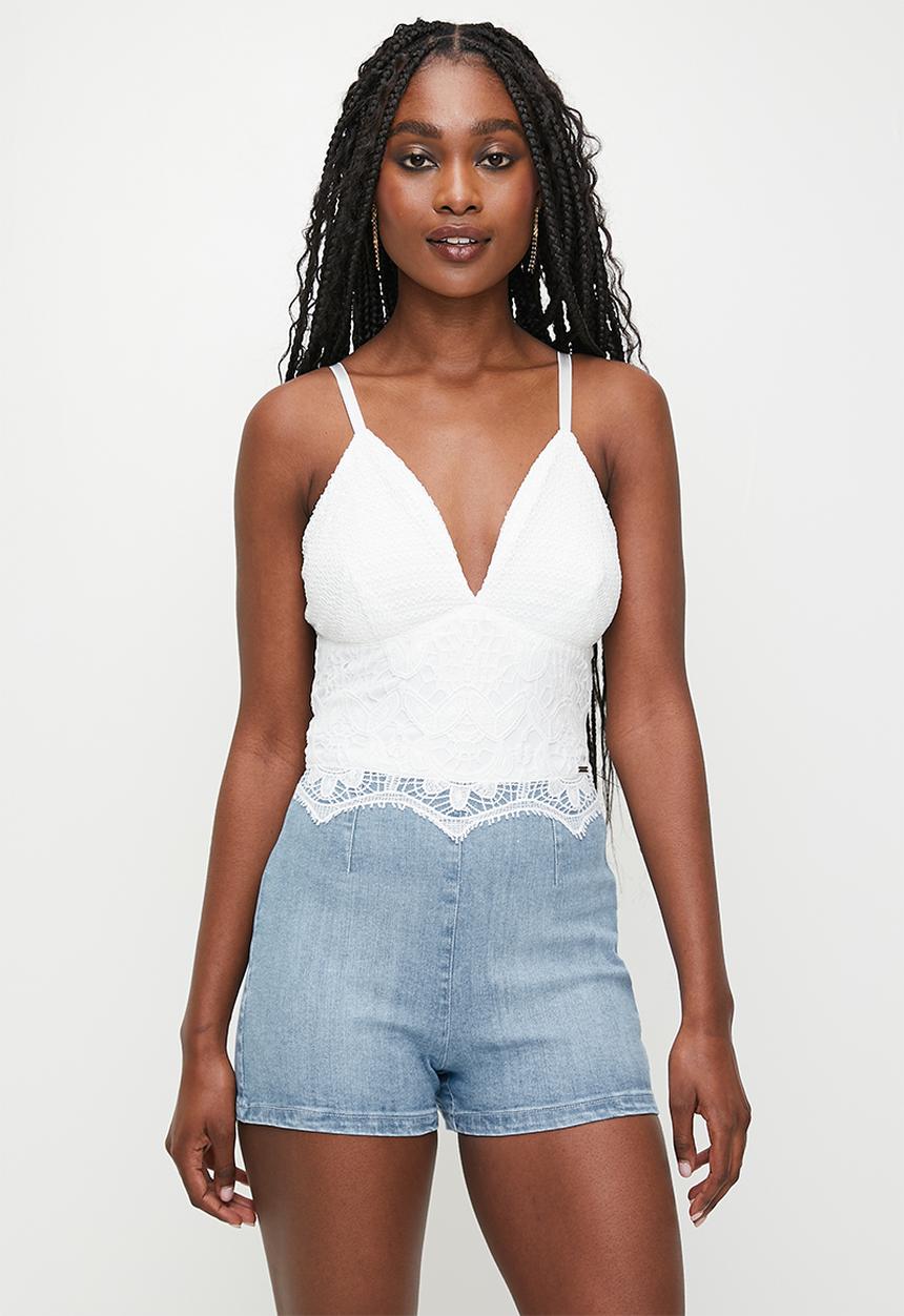 SISSY BOY - Crochet And Denim Playsuit - Light Vintage