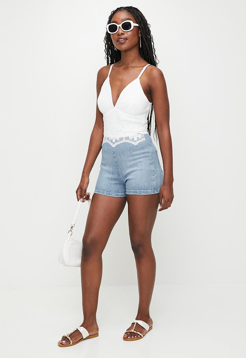 SISSY BOY - Crochet And Denim Playsuit - Light Vintage