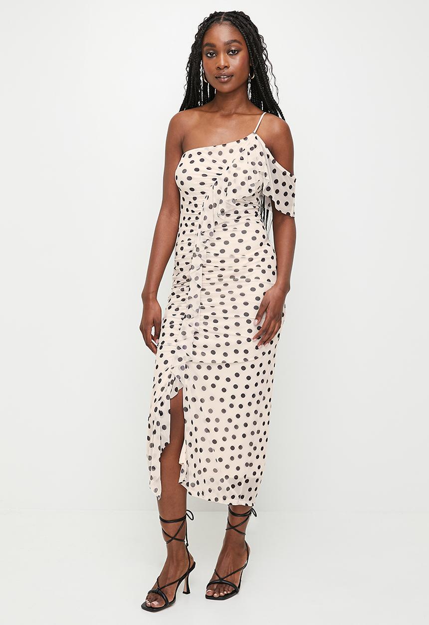 MILLA - Asym detail with ruffle sleeve midi dress - neutral spot 