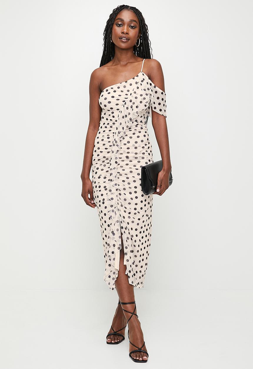 MILLA - Asym detail with ruffle sleeve midi dress - neutral spot 