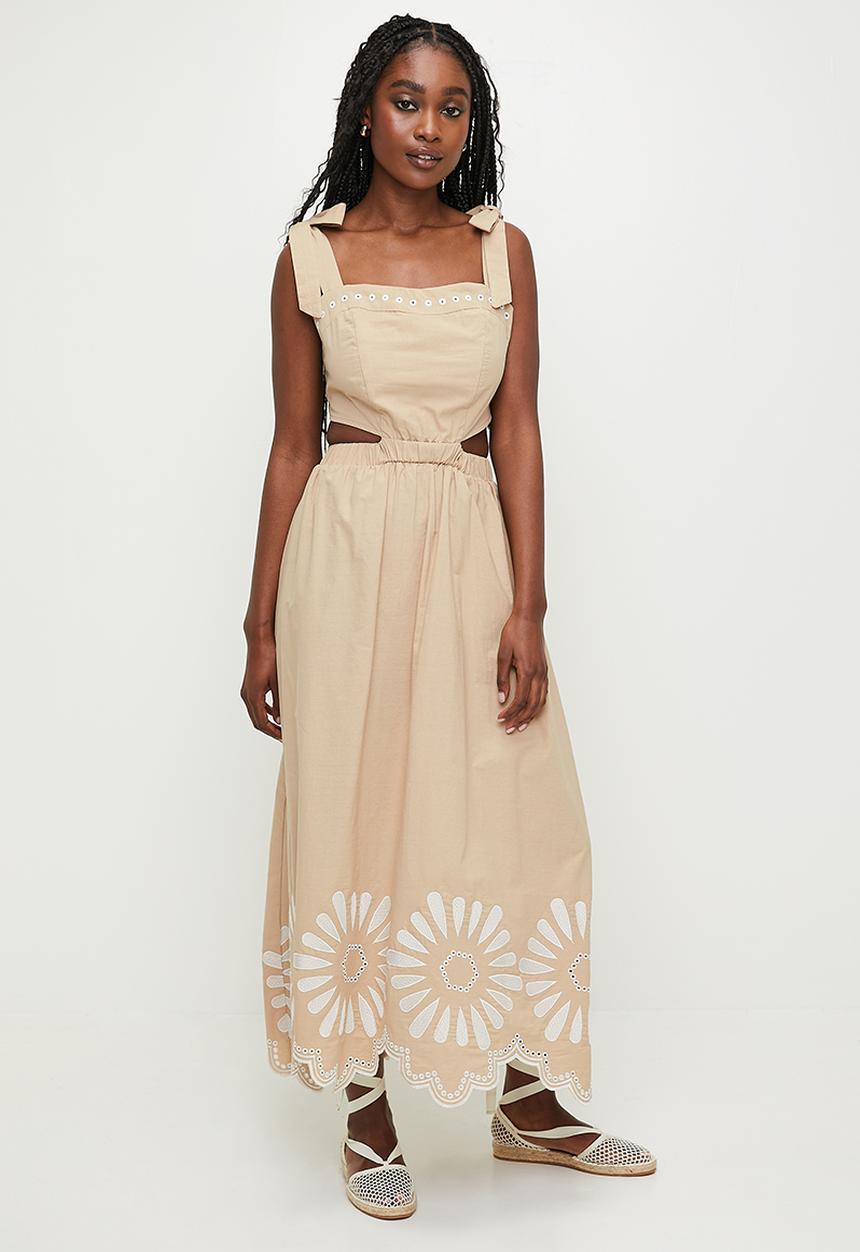 MILLA - Tie detail fit & flare with embroidery - natural