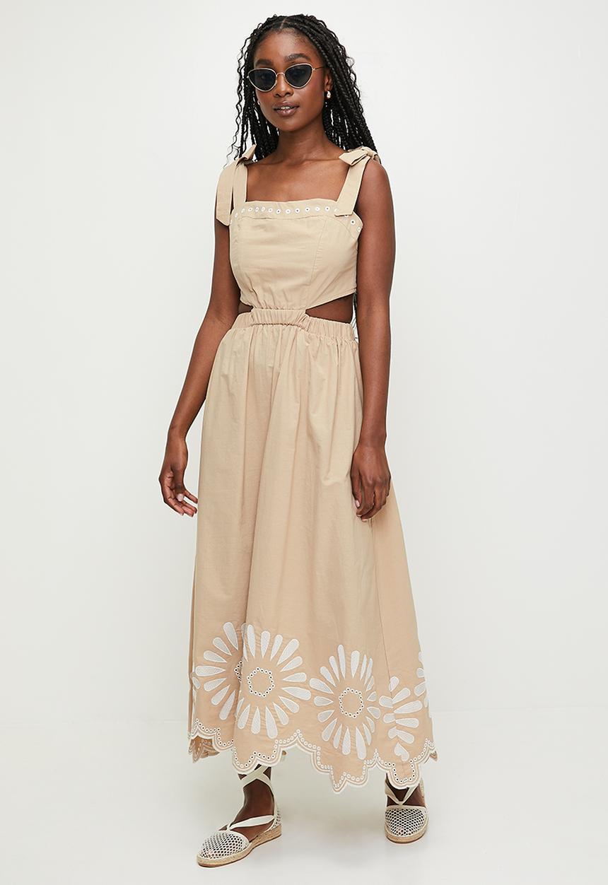 MILLA - Tie detail fit & flare with embroidery - natural