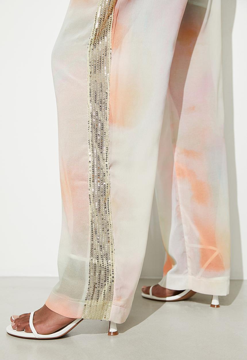 VELVET - Co-ord sequin side stripe wide leg - soft focus window check