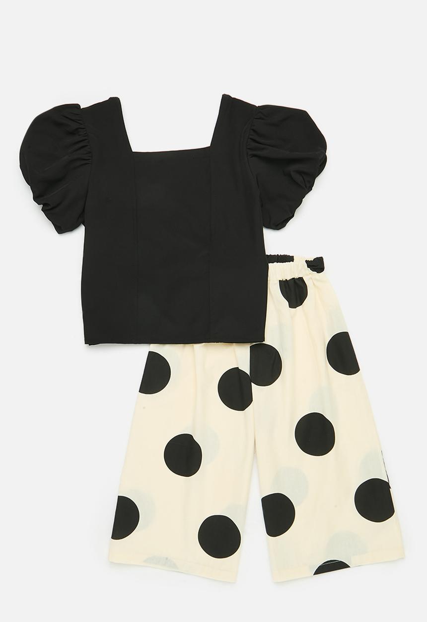 Pop Candy - Puff sleeve top & bottom set- black & beige 