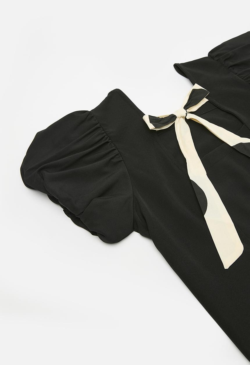 Pop Candy - Puff sleeve top & bottom set- black & beige 