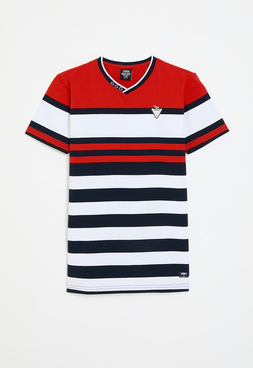 SOVIET - Boys v-neck y/dye stripe - monza red