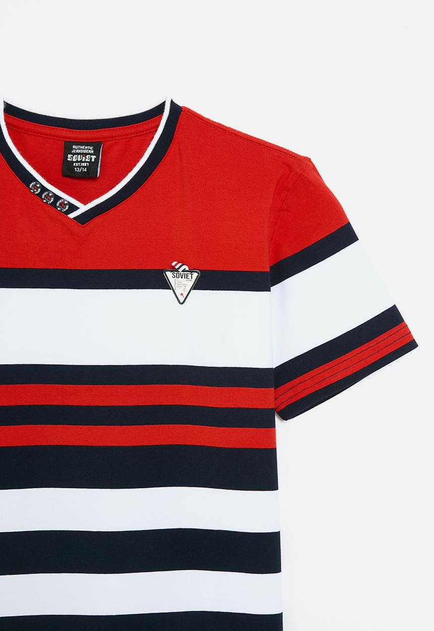 SOVIET - Boys v-neck y/dye stripe - monza red