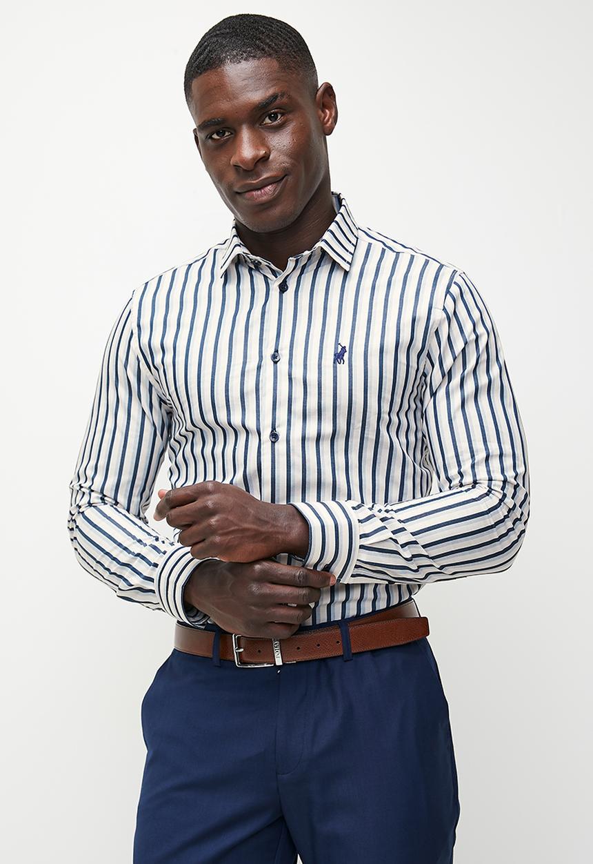 POLO - Luka Long Sleeve Double Stripe Shirt - White & Navy 