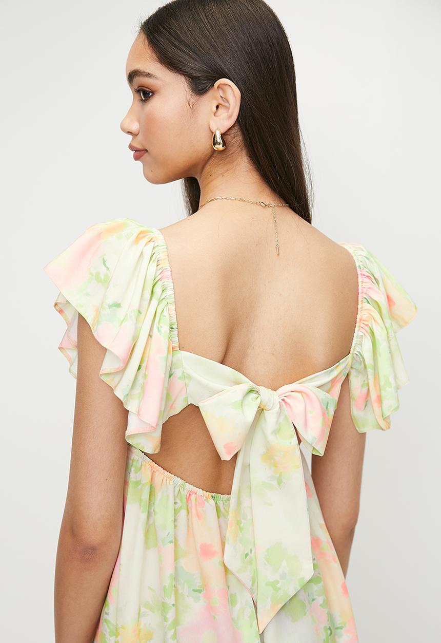 MILLA - Volume ruffle sleeve midi dress - pastel soft focus floral aop