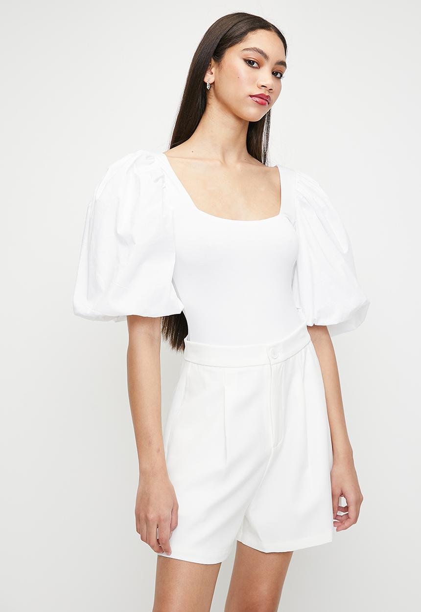 MILLA - Square neck combo puff sleeve bodysuit - white