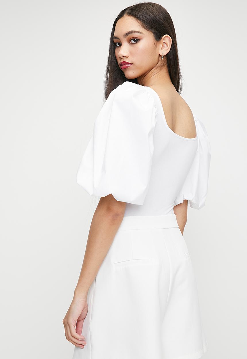 MILLA - Square neck combo puff sleeve bodysuit - white