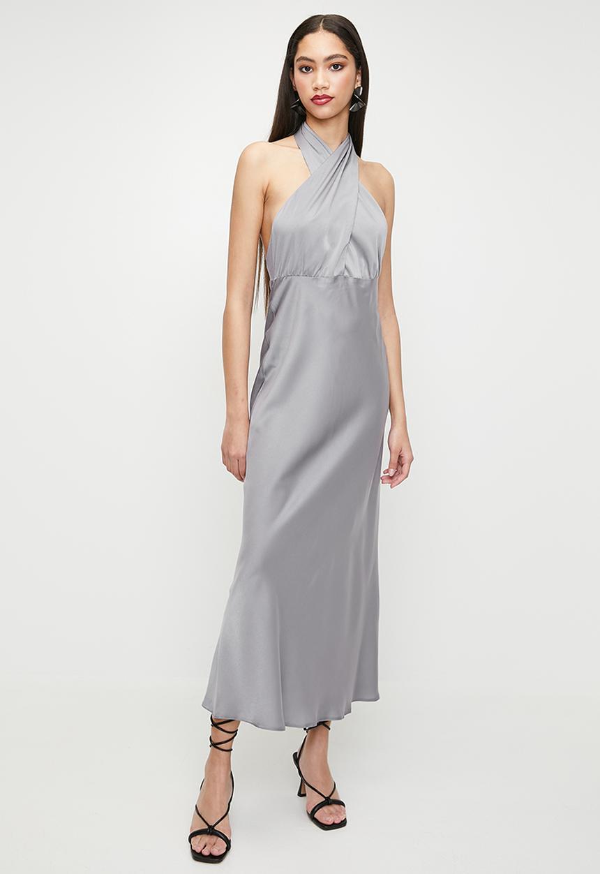 MILLA - Cross over Halter Midi Dress - grey