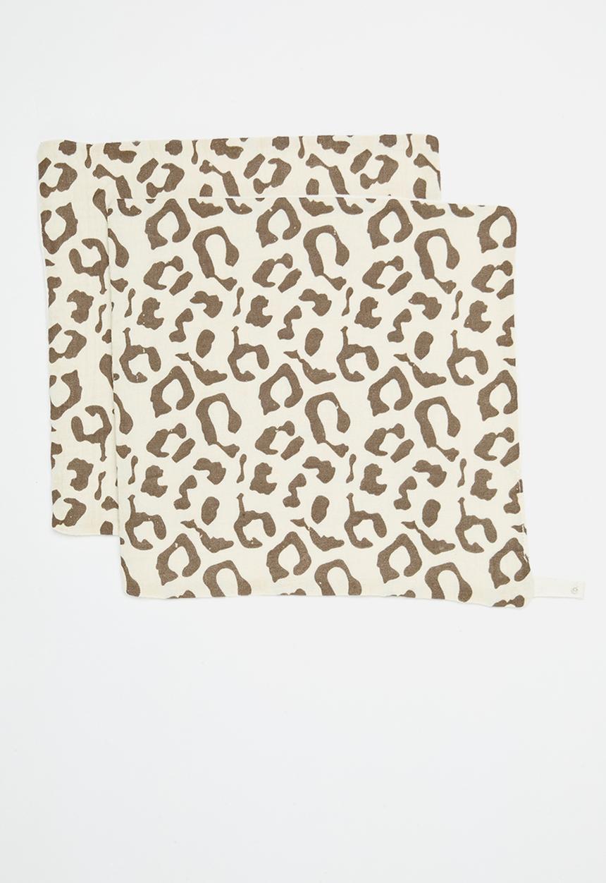 Pop Candy - 2 Pack leopard print face towel - ecru & brown