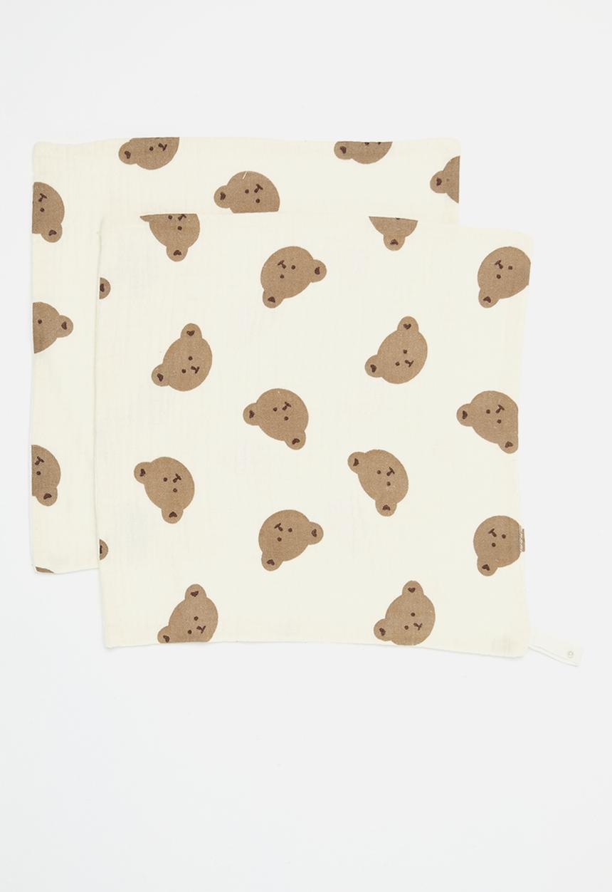 Pop Candy - 2 Pack bear print face towel - ecru & brown