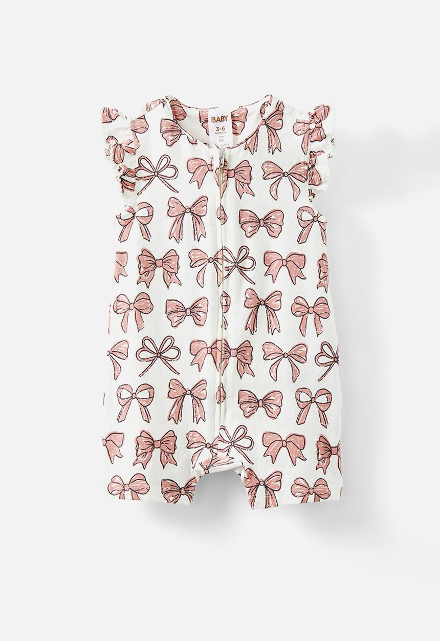 Cotton On - The short sleeve zip romper - vanilla/sketchy bows