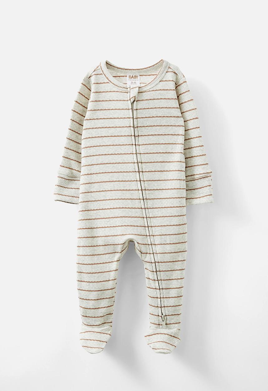 Cotton On - Organic pointelle zip romper - oatmeal marle/taupy brown stripe