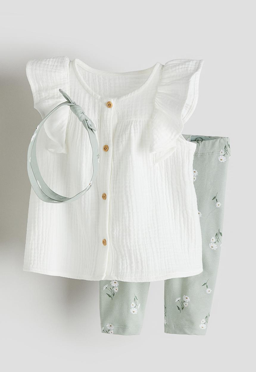 H&M - 3 piece cotton set - light green floral 